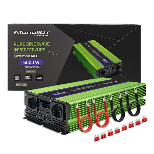 Qoltec Wechselrichter mit Ladefunktion Monolith 51945 | 3000W | 6000W | 12V | 230V | LCD