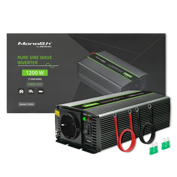 Qoltec Reiner-Sinus-Wechselrichter Monolith 51933 | 600W | 1200W | 12V | 230V