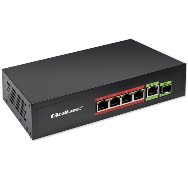 Qoltec FAST Ethernet PoE SWITCH 4x RJ45 PoE 1x RJ45 Uplink 1x SFP | 65W | 1000 Mb