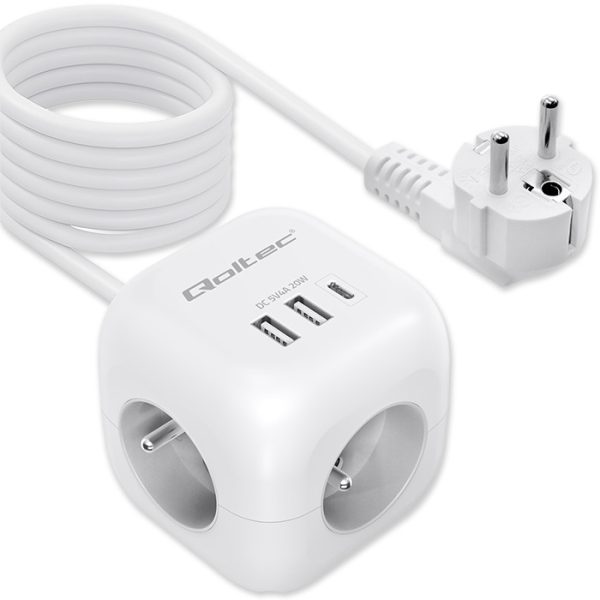 Qoltec Steckdosenleiste mit Überspannungsschutz 52547 | 20W | 2m | 3x AC | 2x USB | Weiß