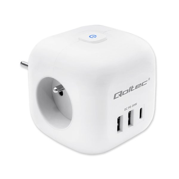 Qoltec Steckdosenleiste mit Überspannungsschutz 52548 | 20W | 3x AC | 2x USB | Weiß