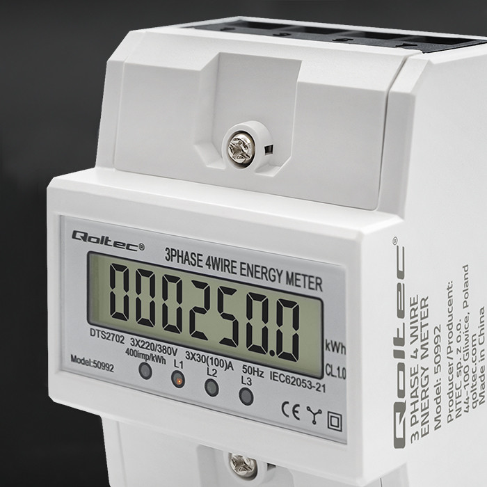 Qoltec Three-phase electronic meter | DIN rail energy consumption meter | 400V | 100A | LCD | 4P