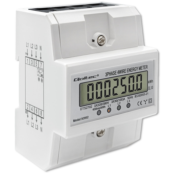 Qoltec Three-phase electronic meter | DIN rail energy consumption meter | 400V | 100A | LCD | 4P
