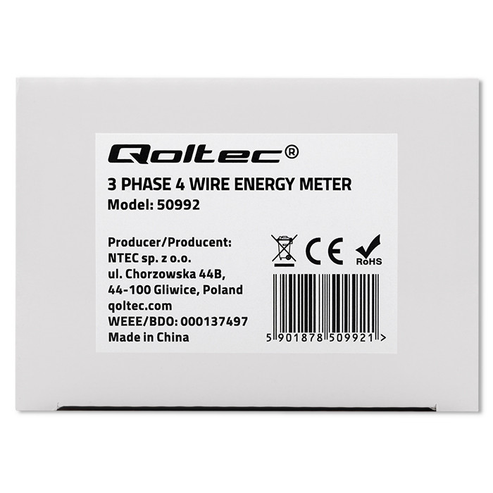 Qoltec Three-phase electronic meter | DIN rail energy consumption meter | 400V | 100A | LCD | 4P
