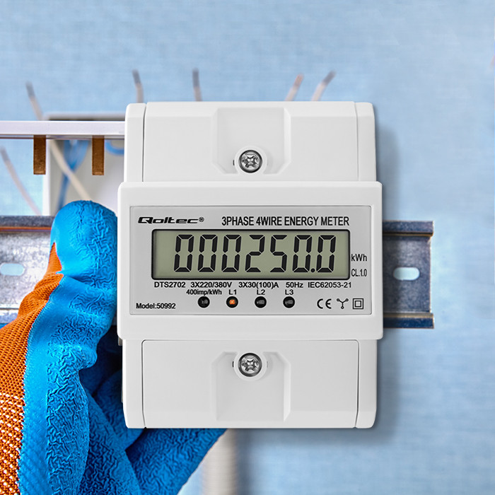 Qoltec Three-phase electronic meter | DIN rail energy consumption meter | 400V | 100A | LCD | 4P