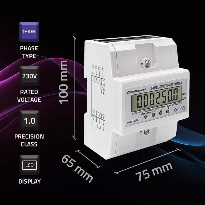 Qoltec Three-phase electronic meter | DIN rail energy consumption meter | 400V | 100A | LCD | 4P