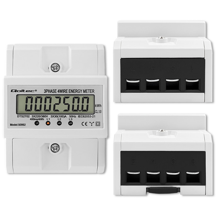 Qoltec Three-phase electronic meter | DIN rail energy consumption meter | 400V | 100A | LCD | 4P
