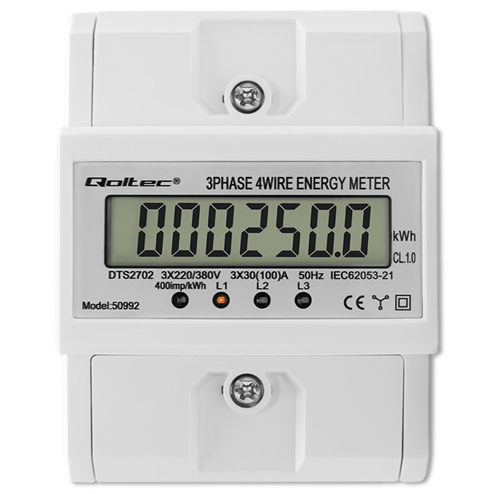 Qoltec Three-phase electronic meter | DIN rail energy consumption meter | 400V | 100A | LCD | 4P