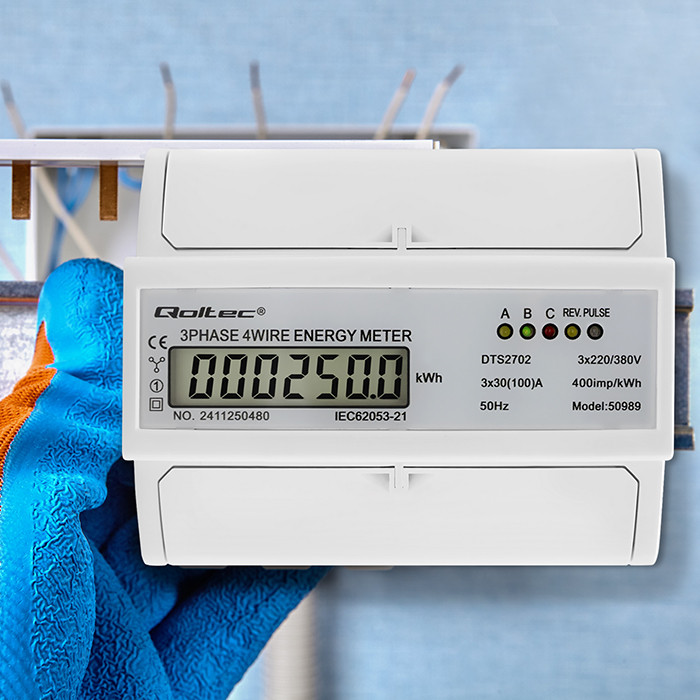 Qoltec Three-phase Bidirectional Electronic Meter | DIN Rail Energy Meter | 400V | 100A | LCD | 4P