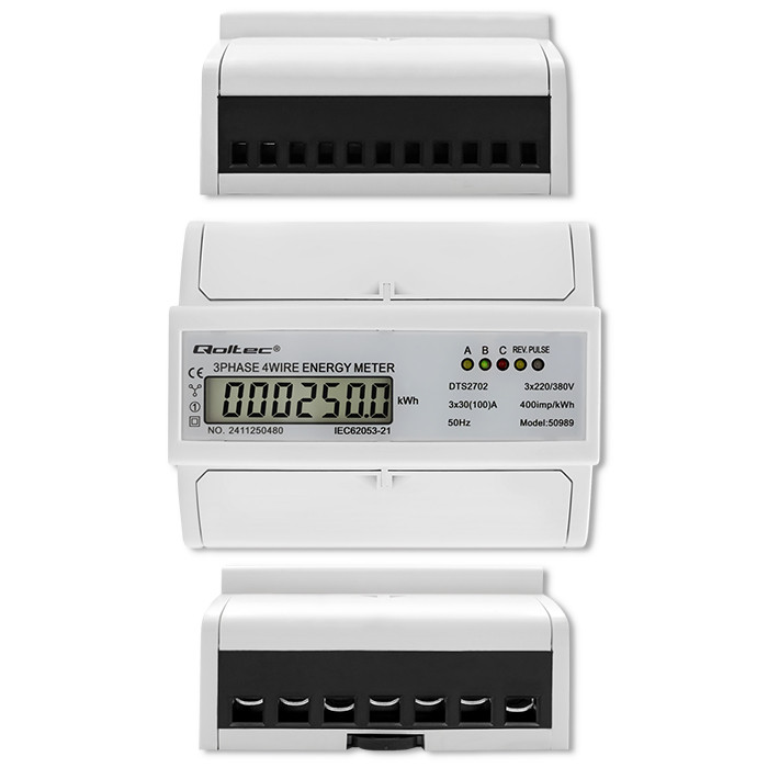 Qoltec Three-phase Bidirectional Electronic Meter | DIN Rail Energy Meter | 400V | 100A | LCD | 4P