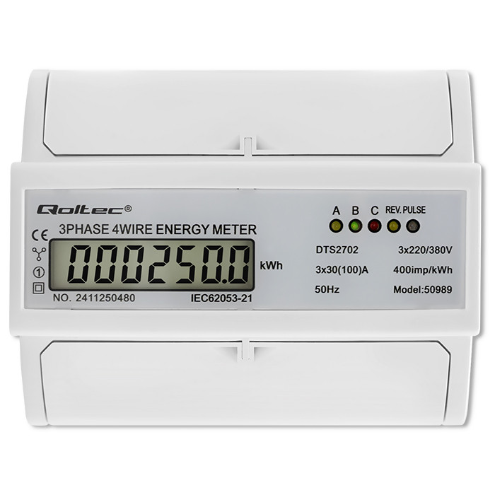 Qoltec Three-phase Bidirectional Electronic Meter | DIN Rail Energy Meter | 400V | 100A | LCD | 4P