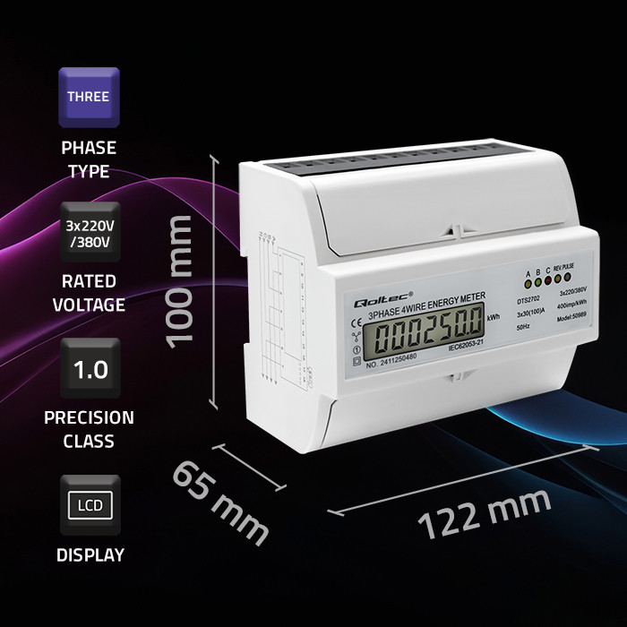 Qoltec Three-phase Bidirectional Electronic Meter | DIN Rail Energy Meter | 400V | 100A | LCD | 4P