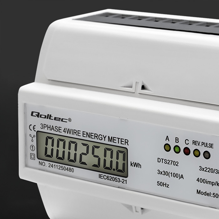Qoltec Three-phase Bidirectional Electronic Meter | DIN Rail Energy Meter | 400V | 100A | LCD | 4P