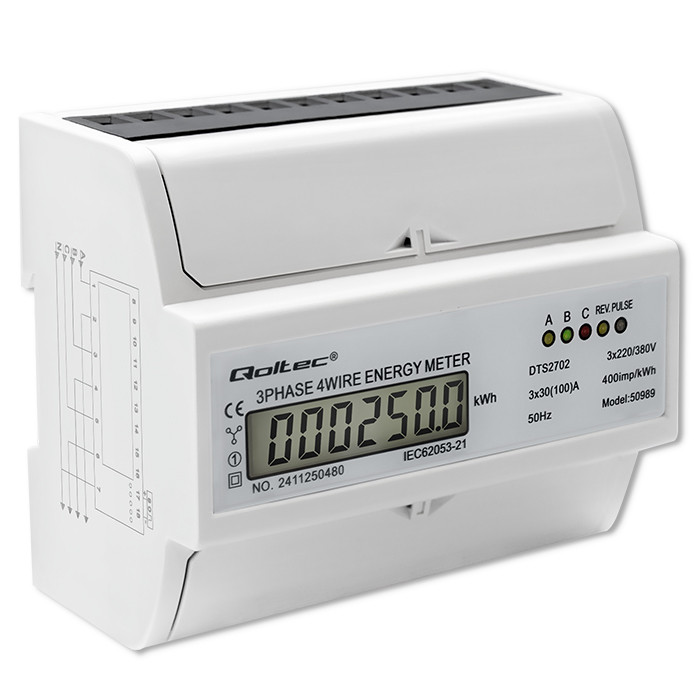 Qoltec Three-phase Bidirectional Electronic Meter | DIN Rail Energy Meter | 400V | 100A | LCD | 4P