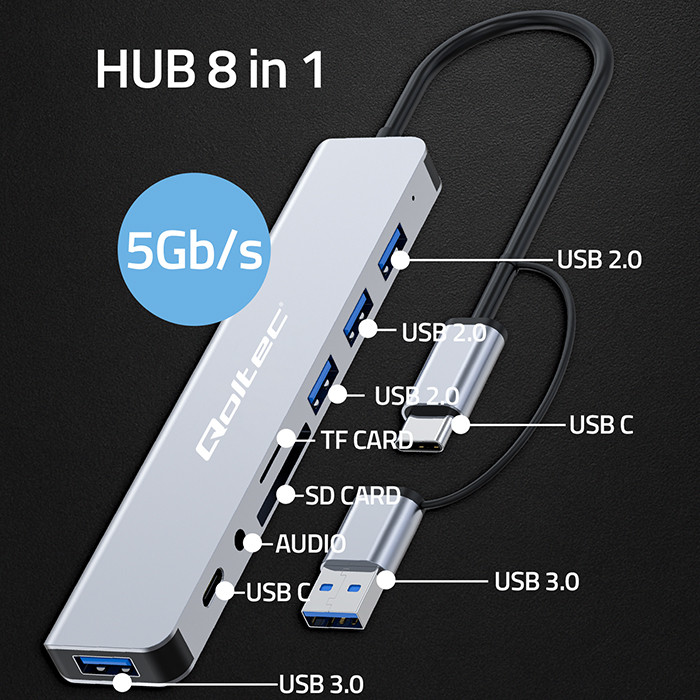 Qoltec USB-Hub 53794 | 3.5mm | USB-C | 4xUSB