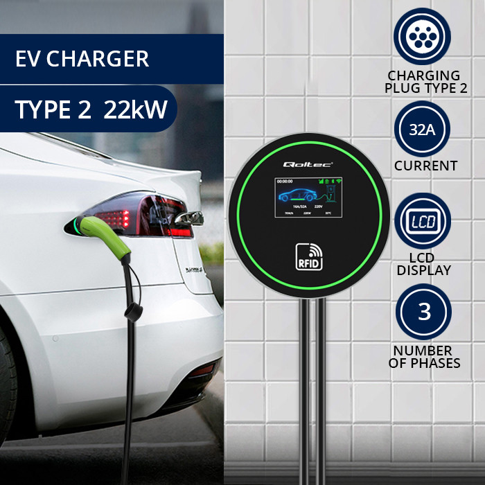 Qoltec EV Charging Station Type2 | 22kW | Wi-fi| LCD | RFID | 3 phases | Wallbox | 5m