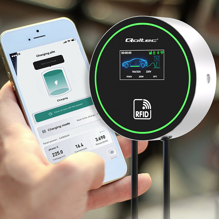 Qoltec EV Charging Station Type2 | 22kW | Wi-fi| LCD | RFID | 3 phases | Wallbox | 5m