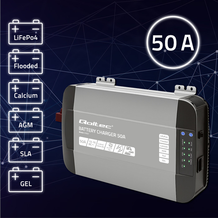 Qoltec Smart Monolith charger for LiFePO4 AGM GEL SLA batteries | 50A | 12V