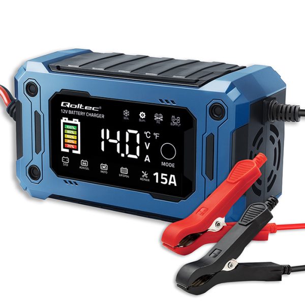 Qoltec Batterieladegerät mit Reparaturfunktion 52496 | 12V | 15A | LCD