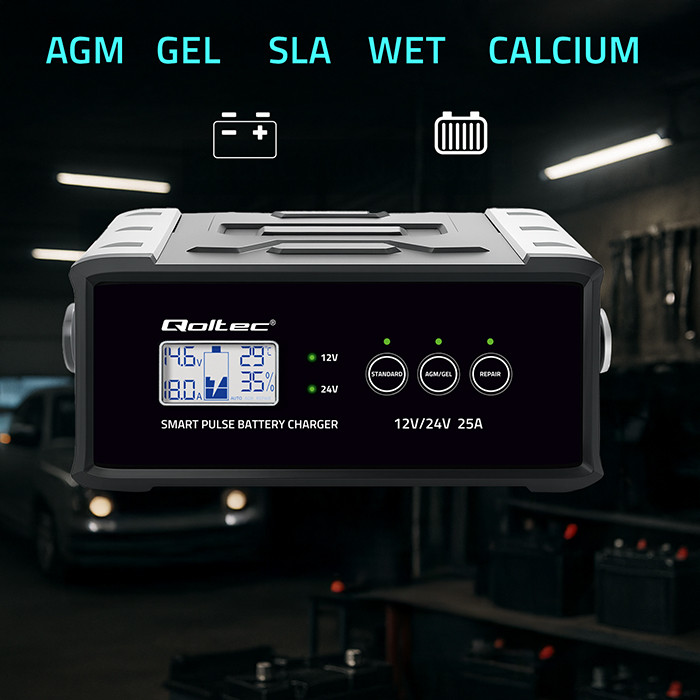 Qoltec Intelligent microprocessor charger 12V 24V 25A | Rectifier with repair function for AGM GEL SLA battery | LCD