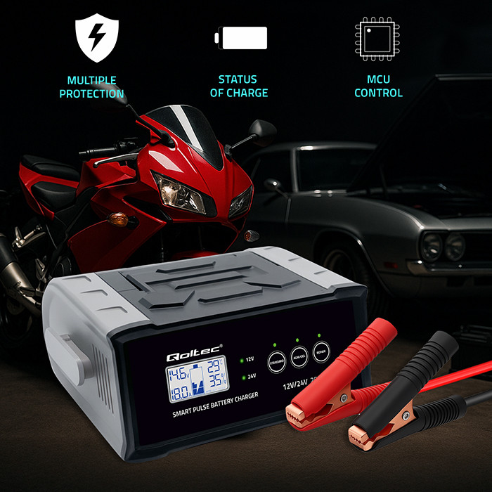 Qoltec Intelligent microprocessor charger 12V 24V 25A | Rectifier with repair function for AGM GEL SLA battery | LCD