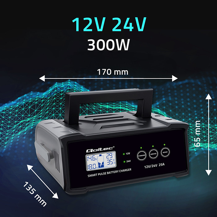 Qoltec Intelligent microprocessor charger 12V 24V 25A | Rectifier with repair function for AGM GEL SLA battery | LCD