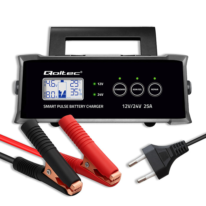 Qoltec Intelligent microprocessor charger 12V 24V 25A | Rectifier with repair function for AGM GEL SLA battery | LCD