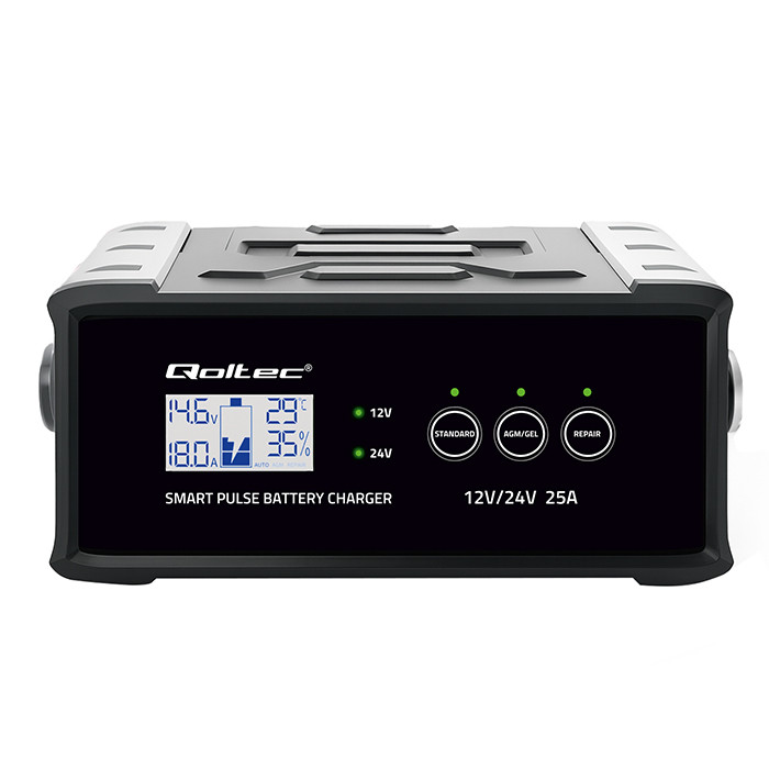 Qoltec Intelligent microprocessor charger 12V 24V 25A | Rectifier with repair function for AGM GEL SLA battery | LCD