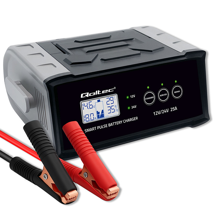 Qoltec Intelligent microprocessor charger 12V 24V 25A | Rectifier with repair function for AGM GEL SLA battery | LCD