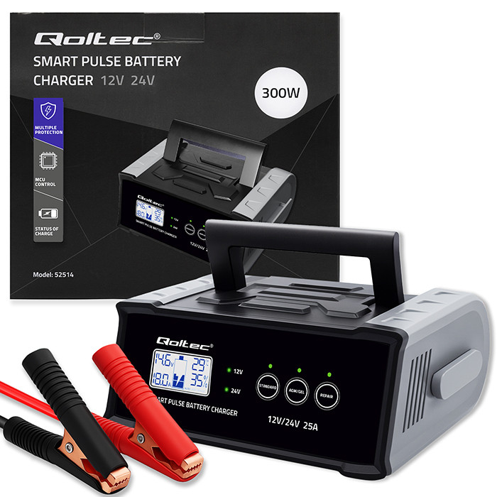 Qoltec Intelligent microprocessor charger 12V 24V 25A | Rectifier with repair function for AGM GEL SLA battery | LCD