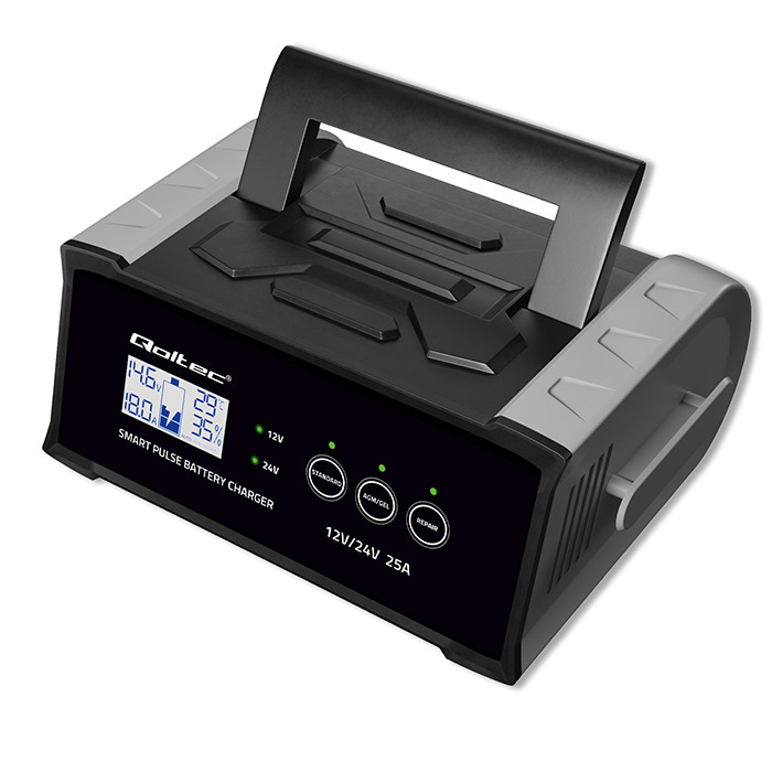 Qoltec Intelligent microprocessor charger 12V 24V 25A | Rectifier with repair function for AGM GEL SLA battery | LCD