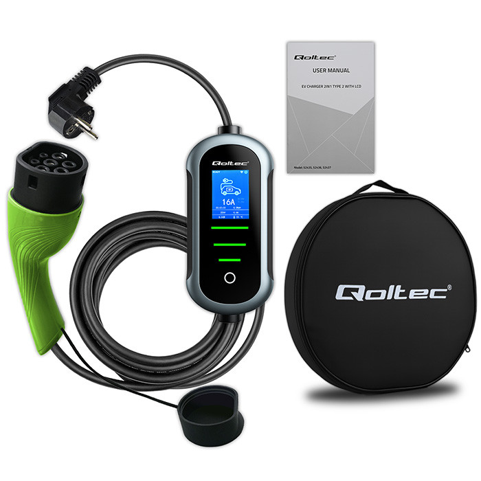 Qoltec Typ-2-EV-Ladegerät 52435 | 3.5kW | 230V | 16A | 5m | SCHUKO 16A | LCD