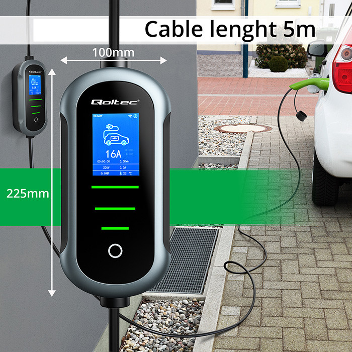 Qoltec Typ-2-EV-Ladegerät 52435 | 3.5kW | 230V | 16A | 5m | SCHUKO 16A | LCD
