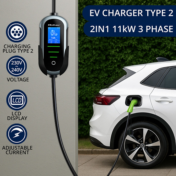 Qoltec Mobile EV Electric Car Charger with 2in1 Type 2 Adjustment | 11kW | 400V | CEE 32A | Wifi | TUYA | SMART LIFE | LCD | Portable | 5m