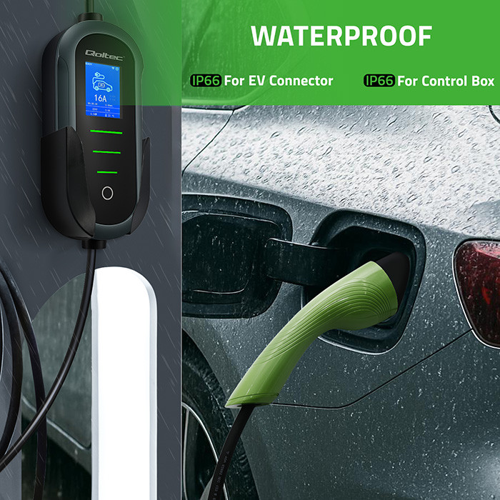 Qoltec Mobile EV Electric Car Charger with 2in1 Type 2 Adjustment | 11kW | 400V | CEE 32A | Wifi | TUYA | SMART LIFE | LCD | Portable | 5m