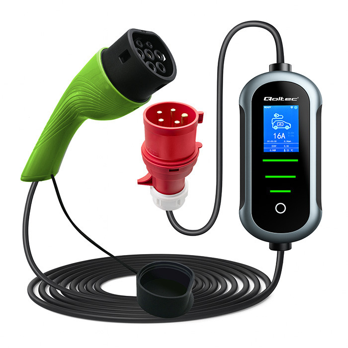 Qoltec Mobile EV Electric Car Charger with 2in1 Type 2 Adjustment | 11kW | 400V | CEE 32A | Wifi | TUYA | SMART LIFE | LCD | Portable | 5m