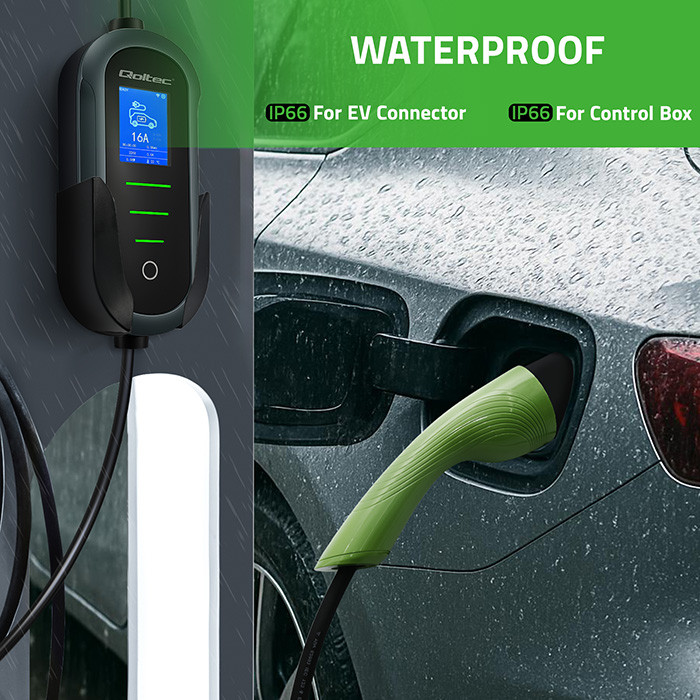 Qoltec Mobile EV Electric Car Charger with 2in1 Type 2 Adjustment | 22kW | 400V | CEE 32A | Wi-fi | TUYA | SMART LIFE | LCD | Portable | 7m