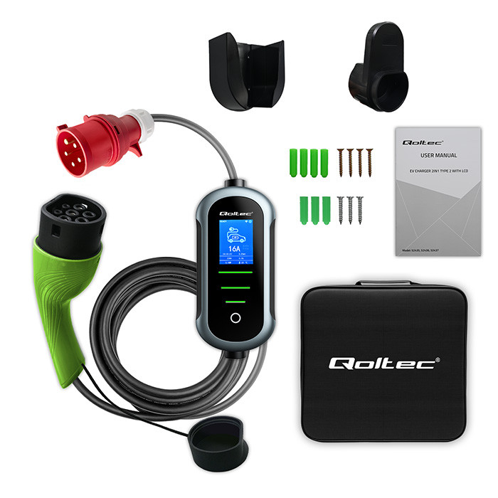 Qoltec Mobile EV Electric Car Charger with 2in1 Type 2 Adjustment | 22kW | 400V | CEE 32A | Wi-fi | TUYA | SMART LIFE | LCD | Portable | 7m