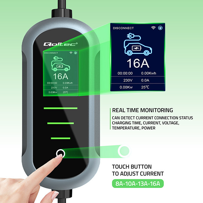 Qoltec Typ-2-EV-Ladegerät 52435 | 3.5kW | 230V | 16A | 5m | SCHUKO 16A | LCD