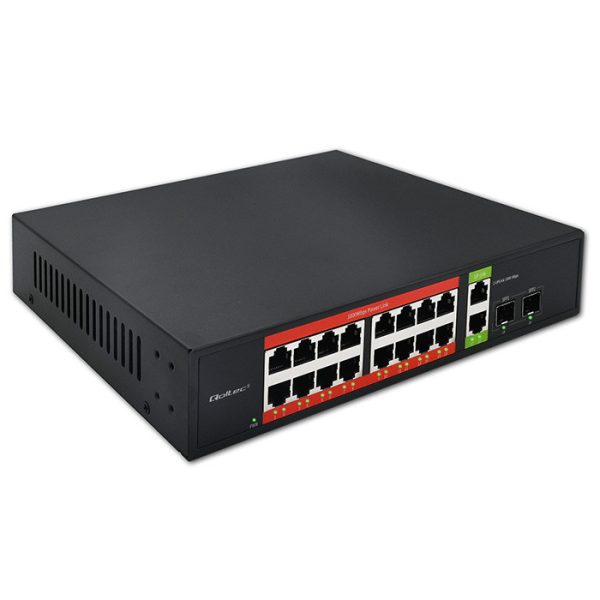 Qoltec Gigabit Ethernet PoE SWITCH | 16x RJ45 | 2x RJ45 Uplink | 2x SFP | 1000 Mb/s