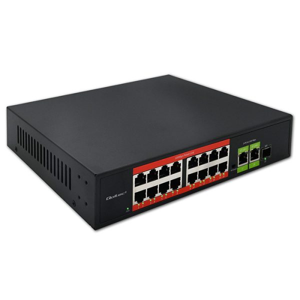 Qoltec Fast Ethernet PoE SWITCH | 16x RJ45 10/100 Mb/s | 2x RJ45 Uplink 1000 Mb/s | 1x SFP 1000 Mb/s