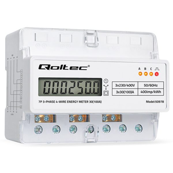 Qoltec DIN-Energiezähler 50978 | 400V | 100A | LCD | 7P
