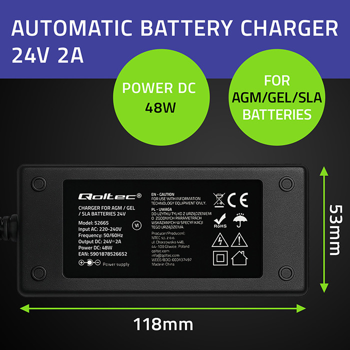 Qoltec Automatic charger for AGM GEL STD batteries | 24V charger | 2A | 48W | LED | 1.8m cable