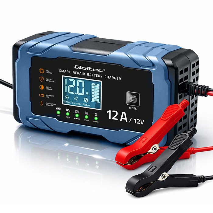 Qoltec Intelligent microprocessor charger 12V 12A | Rectifier with repair function | AGM GEL LiFePO4 | 9-stage charging