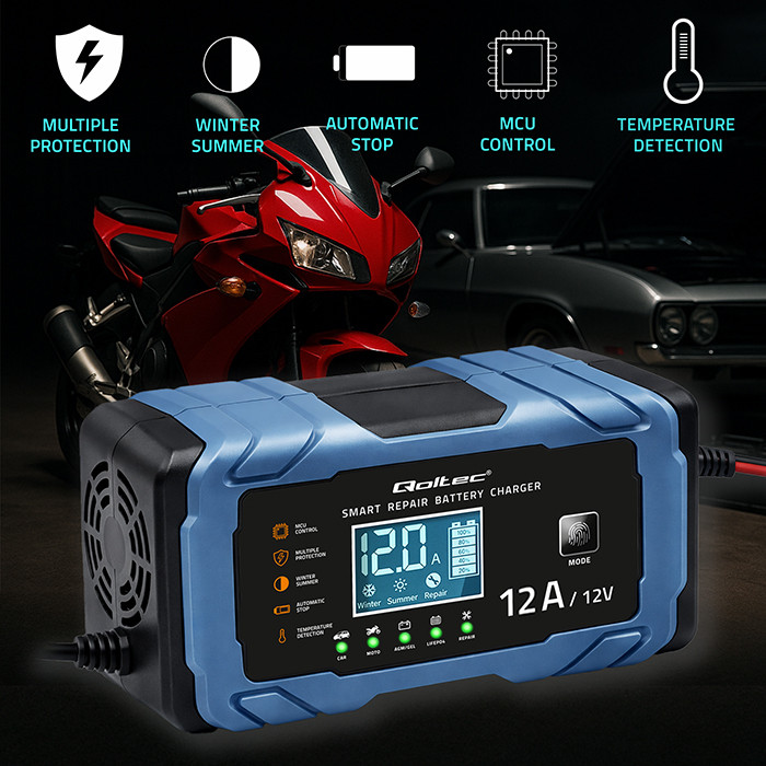 Qoltec Intelligent microprocessor charger 12V 12A | Rectifier with repair function | AGM GEL LiFePO4 | 9-stage charging