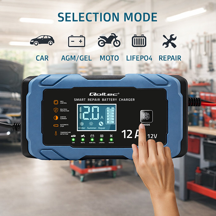 Qoltec Intelligent microprocessor charger 12V 12A | Rectifier with repair function | AGM GEL LiFePO4 | 9-stage charging