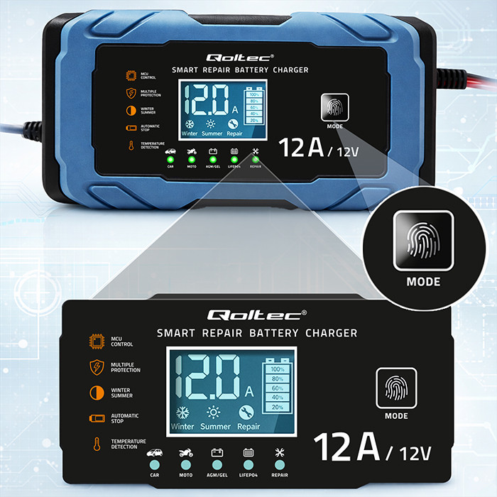 Qoltec Intelligent microprocessor charger 12V 12A | Rectifier with repair function | AGM GEL LiFePO4 | 9-stage charging