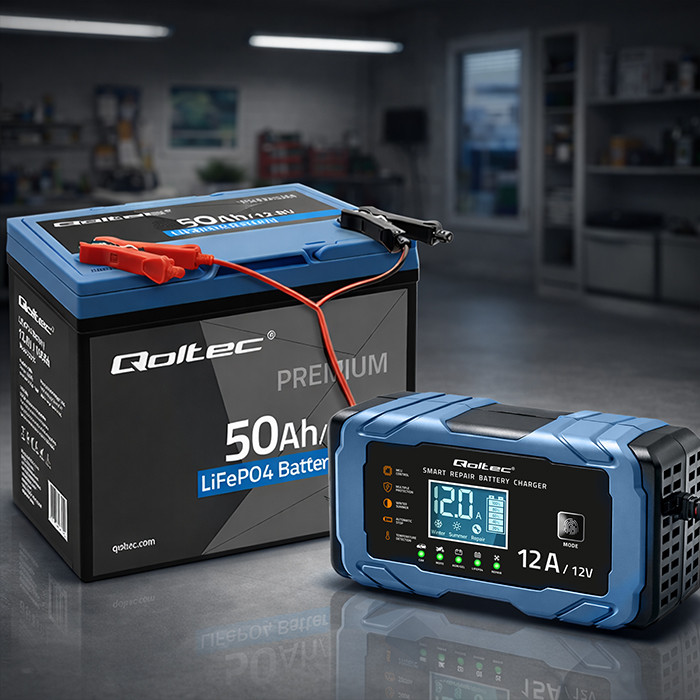 Qoltec Intelligent microprocessor charger 12V 12A | Rectifier with repair function | AGM GEL LiFePO4 | 9-stage charging