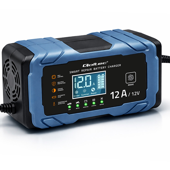 Qoltec Intelligent microprocessor charger 12V 12A | Rectifier with repair function | AGM GEL LiFePO4 | 9-stage charging