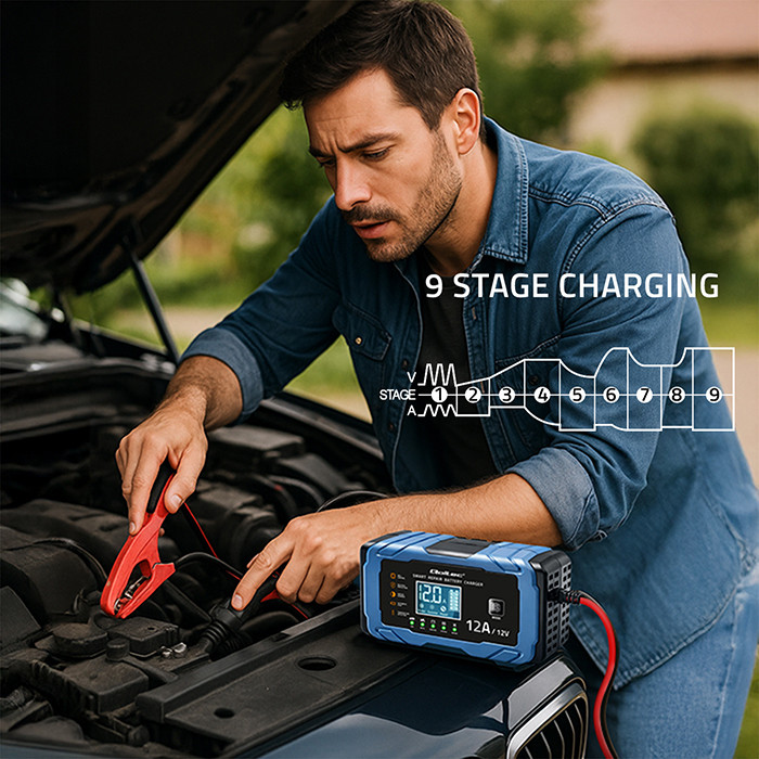 Qoltec Intelligent microprocessor charger 12V 12A | Rectifier with repair function | AGM GEL LiFePO4 | 9-stage charging